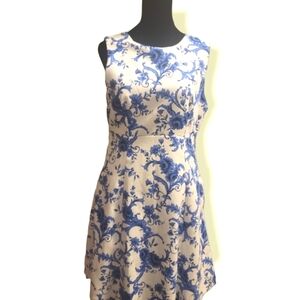Forever 21 Essentials Blue & White Floral Pique Full Skirt Dress W Pockets Med